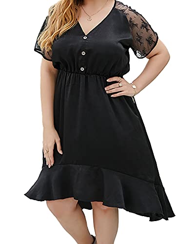 Summer Dresses for Women Plus Size Wrap Dress Short Sleeve V Neck Lace Empire Waist Dress for Women with Ruffle Hem Black