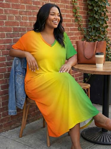 Image of SUZONANA Plus Size Maxi Dresses for Women Gradient Ombre Short Sleeve Oversized T-Shirt Casual Loose Summer Beach Resort Sundress