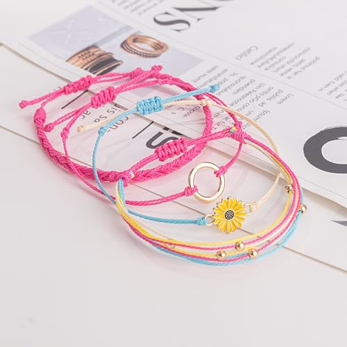 Image of Stackable Sunflower String Bracelets Cute Boho Braided Summer Beach Jewelry