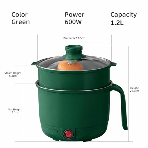 Image of Electric Multipurpose Cooking Pot 1.2L with Steamer Basket & Glass Lid - Stainless Steel Inner Mini Cooker, Portable Hot Pot for Rice Noodles Soup Pasta | Travel Cooker for Home, Office, Hostel (Green)
