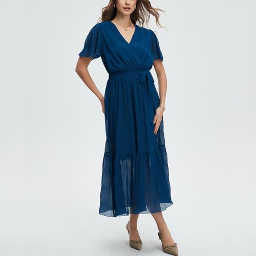Image of Women's Summer Bohemian Floral Chiffon Dress Cap Sleeve V Neck Ruffle Long Flowy Boho Casual Vacation Dresses
