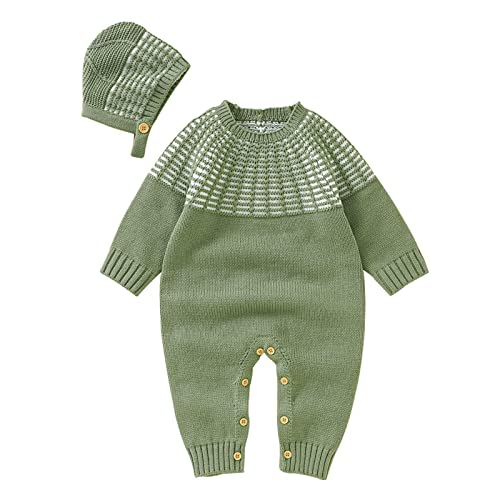 Image of TBUIALL Newborn Infant Boy Girl Patchwork Knitted Sweater Baby Jumpsuit Romper Cotton Caps Hat Outfits Toddler Button up
