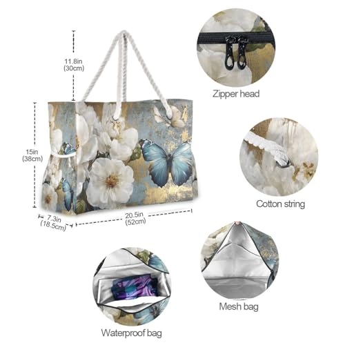 Butterfly Floral White Beach Bag for Women Large Beach Tote Bag Zipper for Swim Gym Travel Daily 6