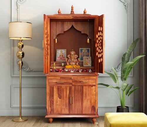 Image of Wooden Temple for Home | Big Pooja Mandir, Puja Ghar with 2 Drawer Storage, 4 Door Cabinet & Dhoop Batti Slider Stand | Solid Wood Sheesham Temple | Big puja mandir (G-Hony)