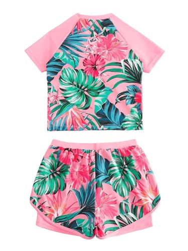OYOANGLE Girl's 2 Piece Tropical Print Swimsuits Bathing Suits Short Sleeve Top and Swim Shorts Set2