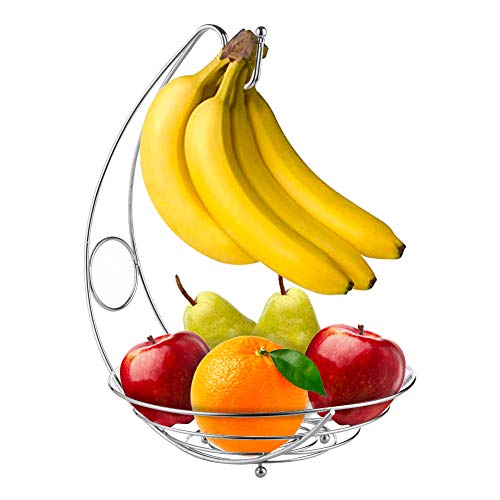 Comfecto Fruit Basket Bowl with Banana Hanger Decorative Fruit Bowl 10” x 14” Large Capacity Fruit Stand Holder Durable Storage Premium Chrome Finish Iron Fruit Container