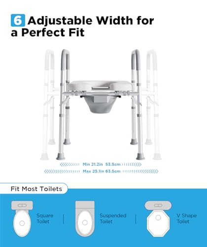 Bedside Commode for Seniors, FSA/HSA Eligible Bedside Toilet with Adjustable Width and Height, 400 LBS Weight Capacity, 16.5 Inch Extra Large Soft Seat Plate