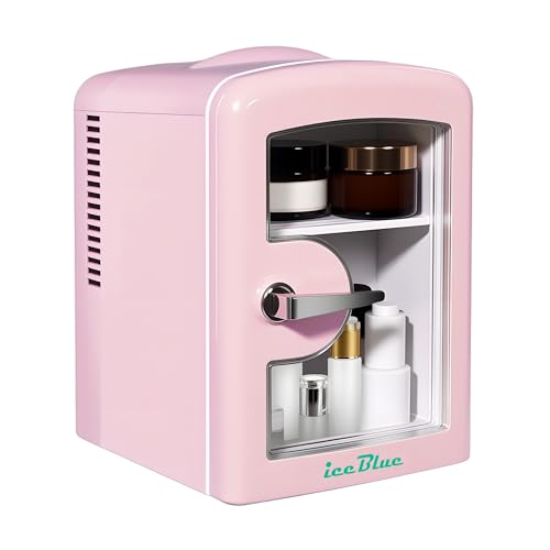 Iceblue Mini Fridge, Skincare Fridge with Viewing Window, 4 Liter /6 Cans Compact Mini Makeup Fridge for Beauty & Beverages, Tiny Fridge for Desk, Bedroom, Car, Office, Dorm, Gift - Pink