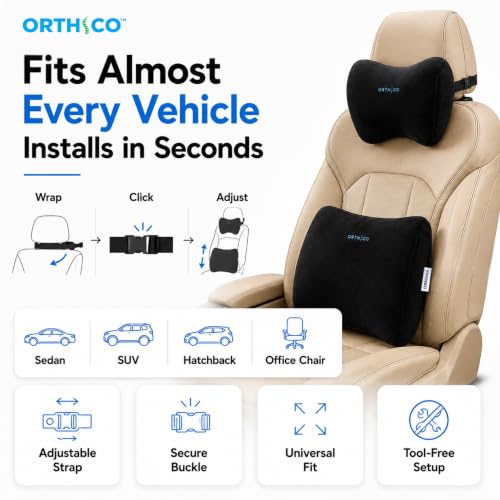 Image of Memory Foam Car Neck Pillow & Lumbar Support Combo | Ergonomic Car Headrest Neck Rest & Back Support Cushion for Driving, Office Chair & Travel | Black | Pack of 1