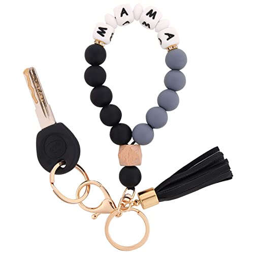 Image of BAOSIWA Silicone Key Ring Bracelet Wristlet Keychain Unique Beaded Bangle Key Chains for Women with Leather Tassel