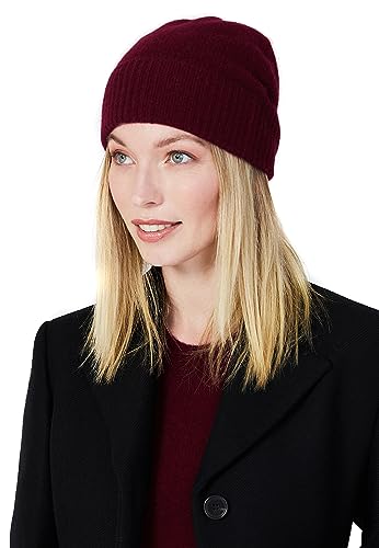 Style Republic Womens Ribbed Cuff Beanie 100% Cashmere Soft & Stretchy with Ribbed Edge Warm Hat for Winter (Maroon)
