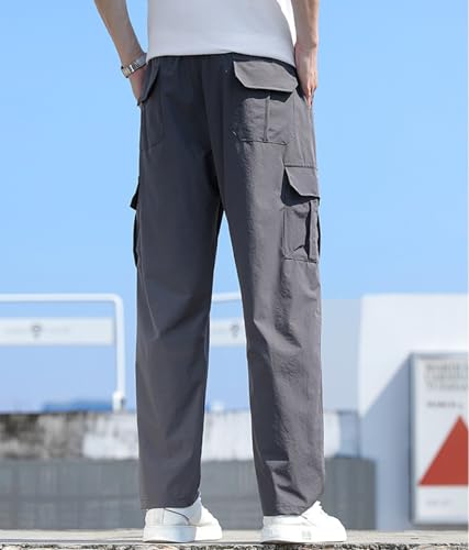Men's Cargo Pants Summer Thin Loose Straight Elastic Waist Drawstring Quick Dry Casual Trousers with Pockets3