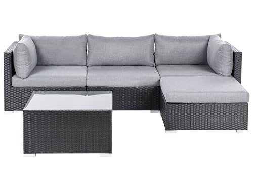 Canapé d'Angle à Gauche de Jardin en Rotin Synthétique avec Table Basse Carré et Coussins Modulable Gris Noir Sano