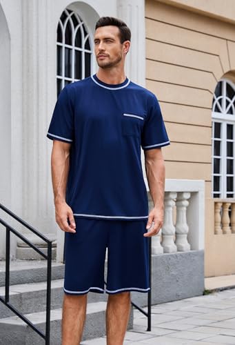Mens Pajama Set, Soft Short Sleeve Lounge Set Pullover Pjs 2 Piece Outfits with Pocket3