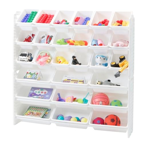 UNiPLAY 6 Tier Toy Storage Organizer with 27 Removable Bins, Re-Configurable Base, Multi-Functional for Books, Building Blocks, School Materials, Toys, or Garage Storage with Baseplate Board Frame
