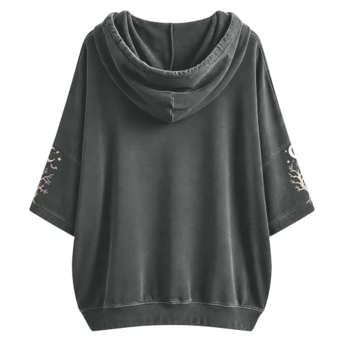 Witch Sweatshirt,Women Witch Moon Gothic Graphic Hoodie 3/4 Sleeve Letter Printed Pullover Spooky Season Halloween Drawstring Hooded Grey Small - image 5