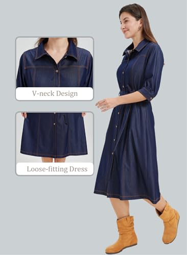 KYAL Women’s Denim Shirt Dress Short Sleeve Belted Button Down Jean Dress4