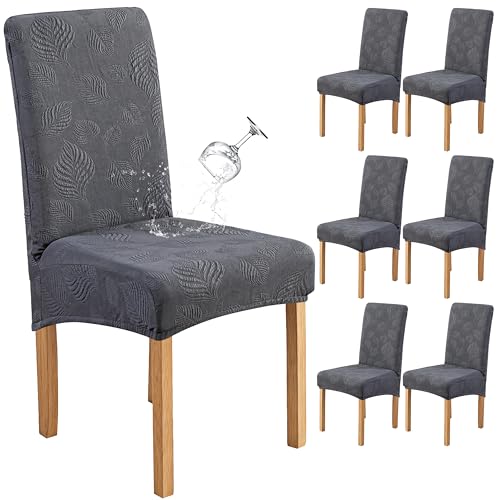 Image of Genina Waterproof Dining Chair Cover Set of 6,Kitchen Chair Cover,Dark Grey | Stretch Dining Room Chair Slipcovers with Leaf Jacquard,Removable Kitchen Chair Protector for Home,Restaurant,Banquet