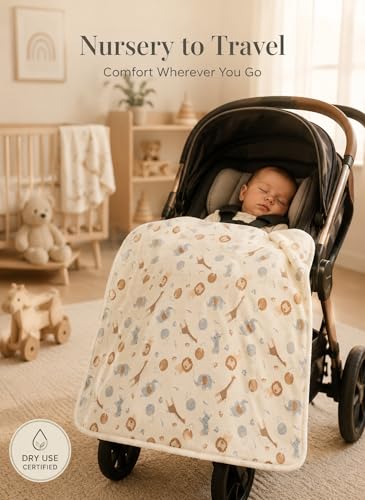 Image of EVERYDAY KIDS Large Ultra Jungle Safari Animals Minky Baby Blanket for Boys Mink and Sherpa Toddler and Baby Boy Blanket Measures 30 x 40 inch; Safari Animal Baby Nursery Decor