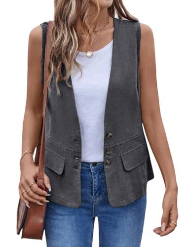 IDEALSANXUN Womens Cotton Linen Vest Casual Lightweight Button Down Sleeveless Jackets Tops