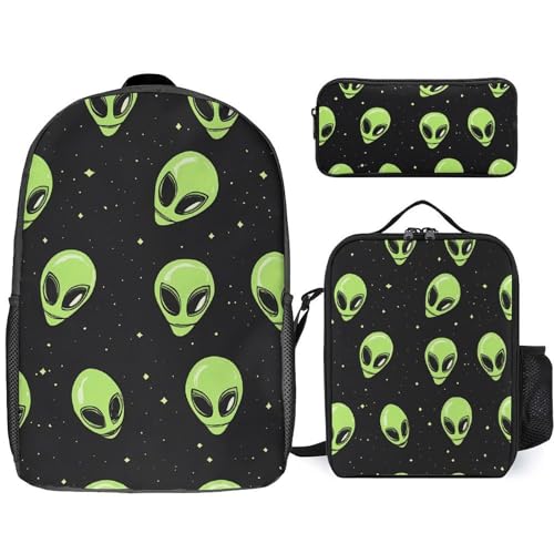Green Aliens Classic Backpack Lunch Bag Pencil Case 3 Piece Set Travel Daypack