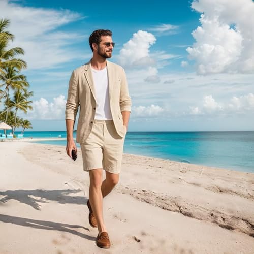 Mens Linen Suit Slim Fit Lightweight 2 Piece for Casual, Summer Beach Wedding Groomsmen Prom3