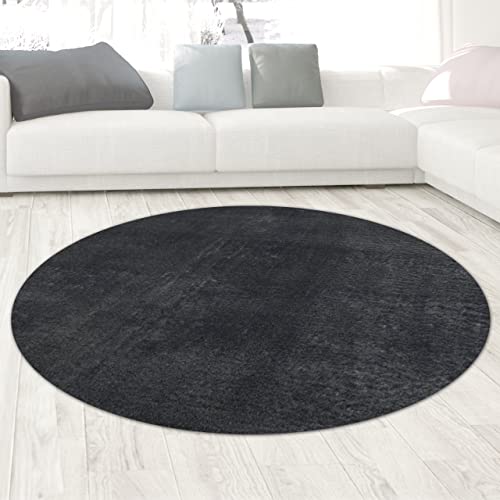 CARPETIA Teppich Shaggy Hochflorteppich waschbar rutschfest grau anthrazit Größe 120 cm Rund
