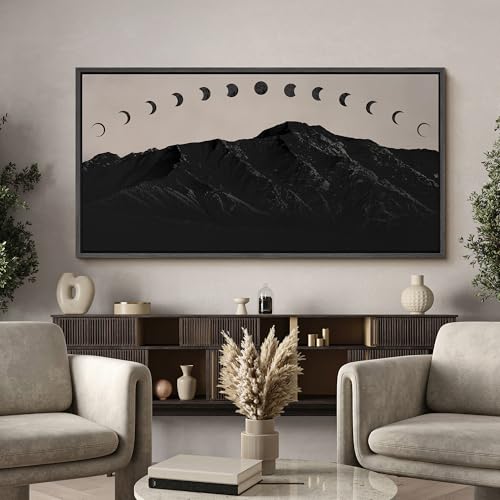 Image of MUDECOR Extra Large Framed Canvas Print Wall Art Black Mountain Silhouette with Moon Phases Minimalist Antique Retro Ready to Hang Painting for Living Room Bedroom Multi-Sizes - 60 inchx30 inch