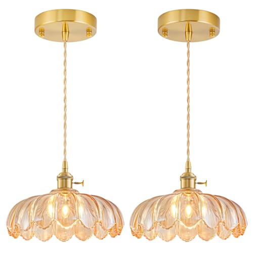 GMTB 2 Pack Glass Pendant Lights Kitchen Island, Vintage Brass