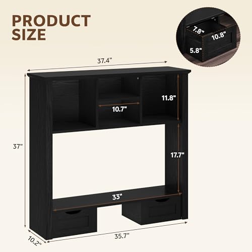 Image of Desk Shelf with Computer Monitor Stand, 37.4''W Desktop Bookshelf Display Rack, Desktop Organizer Storage Rack with Cubbies & Drawers, 5-Tier Hutch for Home, Office, Dorm, Vanity, Black