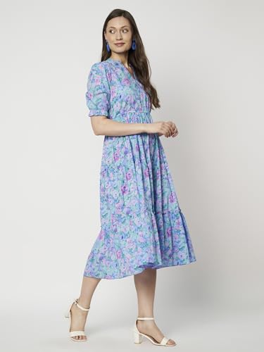 Image of PIDAVLIYA'S Women's Floral Summer Maxi Dress I Cotton Printed I One Piece Bodycon Midi Dress with V-Neck, Puffed Sleeves