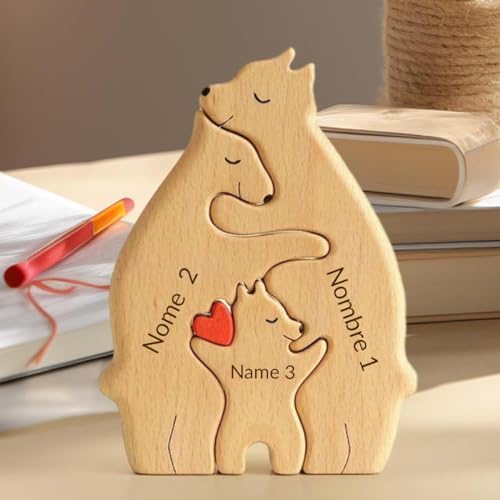 KuSONG Ours De Puzzle Famille en Bois Personnalisé Prénom 2-6, Puzzle Animal, Puzzle d’Art en Bois, Décoration De Bureau, Cadeau pour la Famille Texte Artistique Personnalisé（Famille de 3 Personnes）