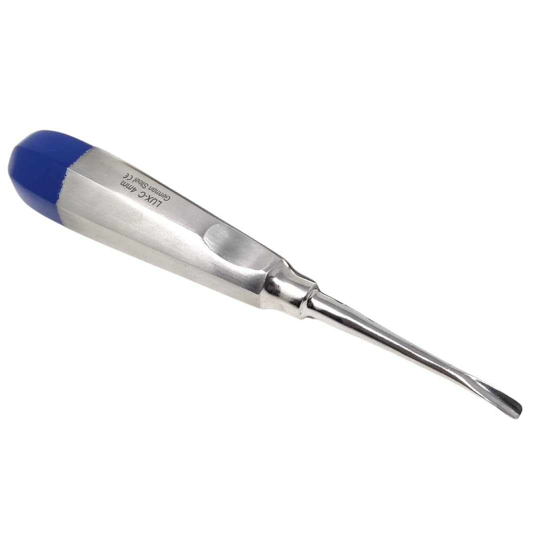 Dental Luxating Elevators with 4mm Straight & Curved Tips to Loosen Teeth Apical Root Tip Extraction Stainless Steel Orthodontic Tools in Color Bands for Easy Identification (4mm CRV - Blue)