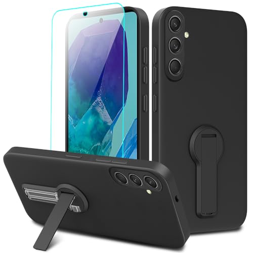 Case for Samsung Galaxy M55 5G Phone Case with Glass Screen Protector, 360° Rotatable Folding hidden Kickstand/Stand Silicone TPU Shockproof Protective Cover Case for Samsung Galaxy M55 5G - Black