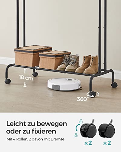 SONGMICS Kleiderständer auf Rollen, 2 Kleiderstangen, Garderobenstange, Garderobenständer aus Stahlrohren, bis 100 kg belastbar, 103,5 cm breit, multifunktionale Aufbewahrung, schwarz HSR107B01