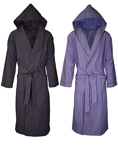Andrew Scott Mens 2-Pack Hooded Long Robe / Light Weight Premium Broadcloth Cotton Blend Woven Full Length Lounge and Bathrobe (2 Pack- Assorted Woven Classic Plaids, SMALL/MEDIUM)