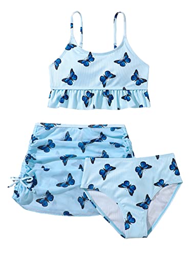 SHENHE Girl's 3 Piece Cute Tie Dye Print Ruffle Trim Bikini Swimsuit with Cover Up Skirt