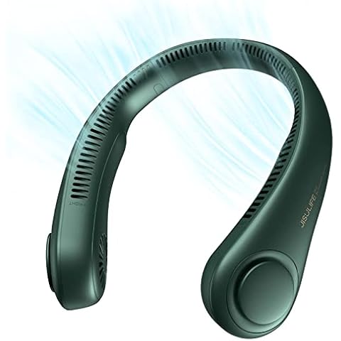 JISULIFE Portable Neck Fan, Rechargeable Hands Free Bladeless Fan, 4000 mAh Battery Operated Wearable Personal Fan, Leafless, Headphone Design, USB Powered Desk Fan, 78 air outlets, 3 Speeds-Green Cover