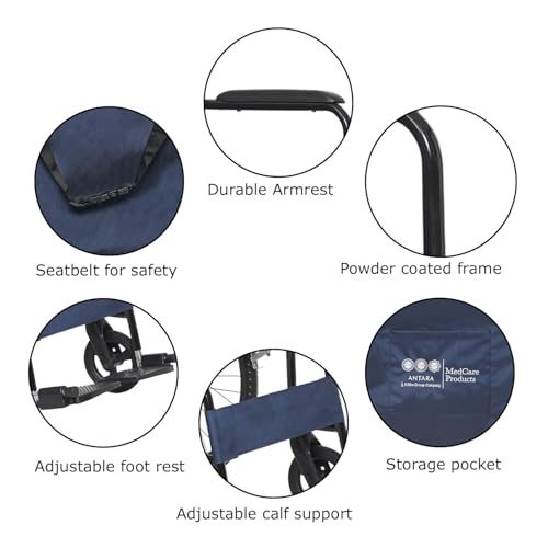 Image of Antara AGEasy (Max Group) Foldable Wheelchair for Old people, Adults & Patients | Sturdy Frame, Lightweight, Wide Seat, Spoke Wheels, Adjustable Footrest and Seatbelt for Safety (WheelAssist - Blue)