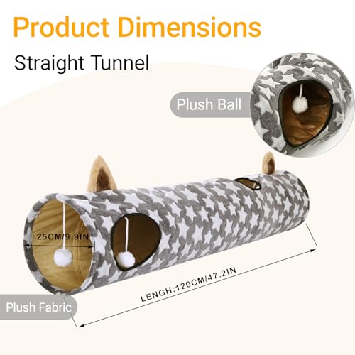 Image of Cat Tunnel -Straight-Shaped, Gray Star Pattern, Soft Velvet Exterior, Oxford Fabric Fog-Proof Interior, Plush Toy Ball, Easily Washable, Conveniently Foldable, 47.2in /120cm