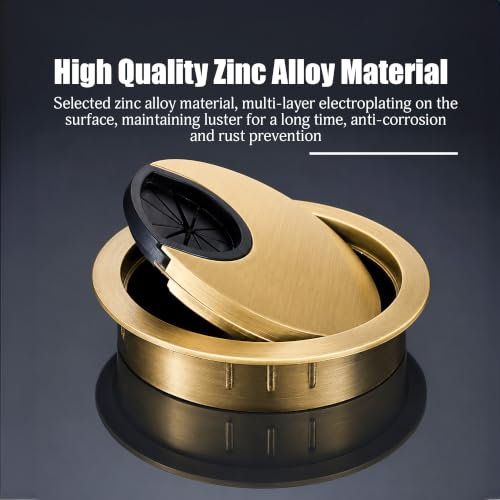 Image of Aluminum Alloy Desk Grommet - Round Metal Cable Wire Hole Cover with Flip Dust-Proof Lid for Office Desk, Computer Table, TV Cabinet & Furniture - Cord Organizer (60mm Round, Gold)
