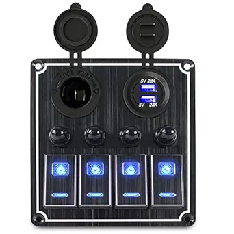 Rocker Switch Panel 4 Gang Aluminum Toggle Switch Panel, 12V/24V Switch Panel with 4.2A Dual USB Charger Cigarette Lighter Socket, 5 Pin On-Off Switches for Automotive Truck Jeeps RV UTV (Black)