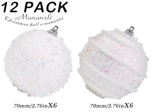 White Christmas Ball Ornaments, Christmas Ball Decorations Shatterproof Plastic Hanging Pearl Balls for Holiday Party(70mm/2.76", 12ct) - image 5