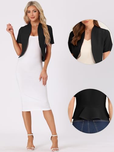 Allegra K Casual Business Cropped Blazer for Women's Short Sleeve Collarless Open Front Cardigan Work Jacket Shrug2