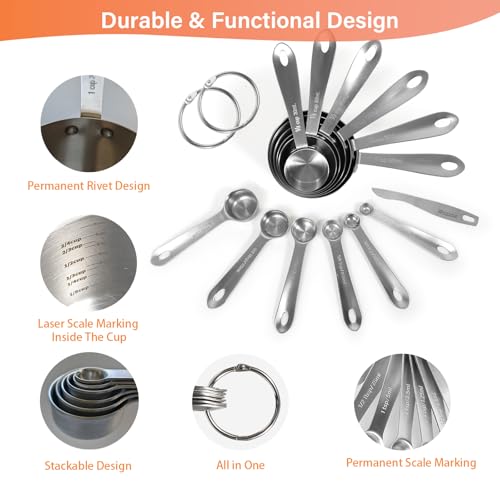 Wuzzox Stainless Steel Measuring Cups & Spoons Set of 13, Stackable Metal Measuring Cups & Spoons, Kitchen Gadgets for Cooking & Baking - image 7