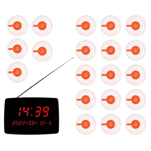 Wireless Calling System 20Pcs Call Buttons, Adjustable Volume Stable for Emergency Patients Seniors Clinic with Monitoring Unit, Pager System (EU Plug)