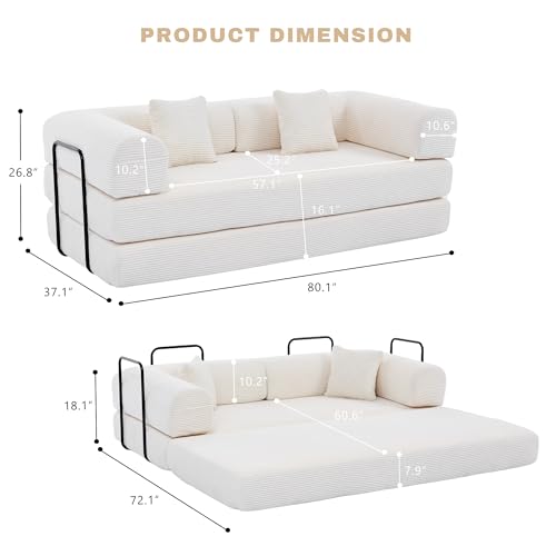 Image of 80 Inch Multi-Functional Convertible Sofa Bed, Fixed Shape Frame, High Density Foam with Corduroy, Easy Assembly, for Living Room and Bedroom. (Beige)