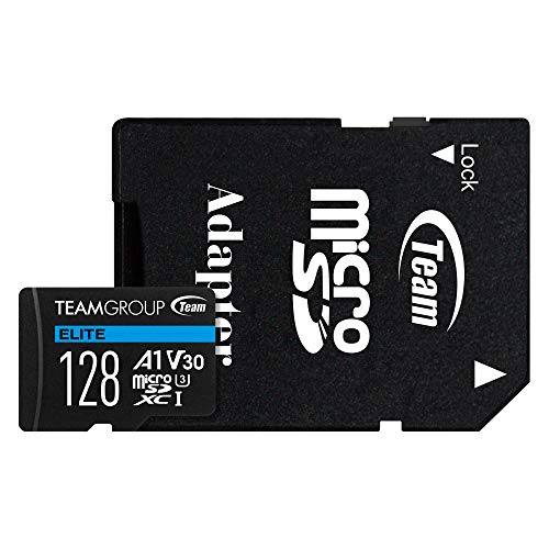 TEAMGROUP Elite A1 128GB microSDXC UHS-I U3 V30 A1 High Speed Flash Memory Card with Adapter for Phone, Android Mobile Device, 4K Shooting TEAUSDX128GIV30A103 (Read Speed up to 90MB/s)