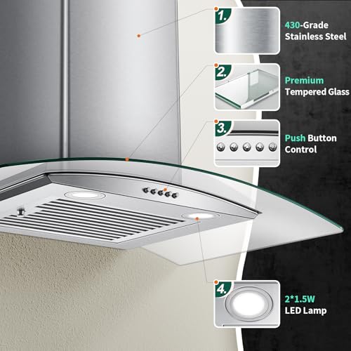 Image of Range Hood 30 Inch, Tieasy Wall Mount Kitchen Hood with Ducted /Ductless Convertible Duct, Stainless Steel Chimney and Baffle Filter, 3-Speed Push Button, LED Lights