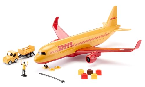 Siku 1702, Avión de Carga de DHL de Plástico con Accesorios, Rojo/Amarillo, Modelo de Juguete, Incl. Carro Portaequipajes, Barra de Remolque, Zapatas de Freno y Controlador aéreo